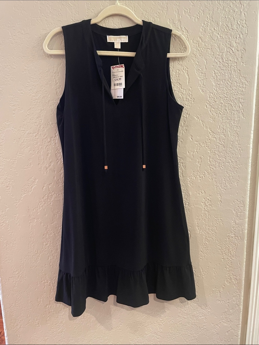 Michael Kors Sleeveless Black Tie-Neck Ruffle-Hem Dress